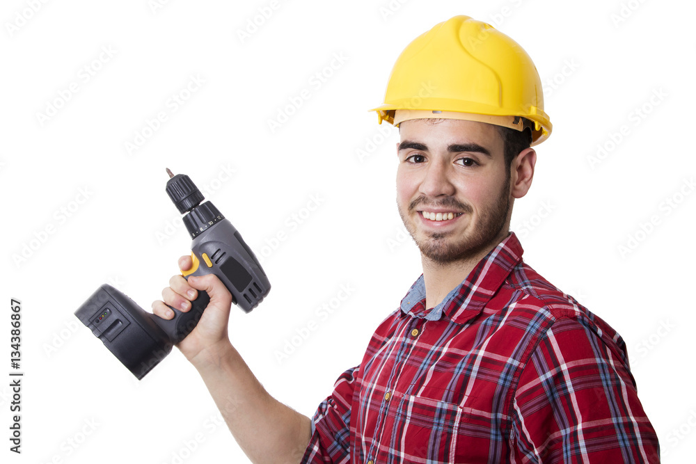 young man smiling with drill isolated on white background young man smiling with drill isolated on white background