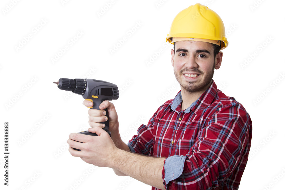 young man smiling with drill isolated on white background young man smiling with drill isolated on white background