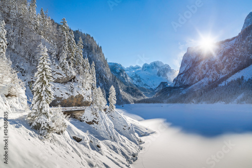 Winter mountain landscape at Gosausee with Dachstein  Austria