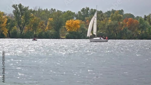 Sailing yacht on the move.Sailing in the wind through the waves.The boat moves on the river.