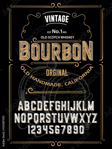 Typeface. Label. Bourbon typeface, labels and different type designs