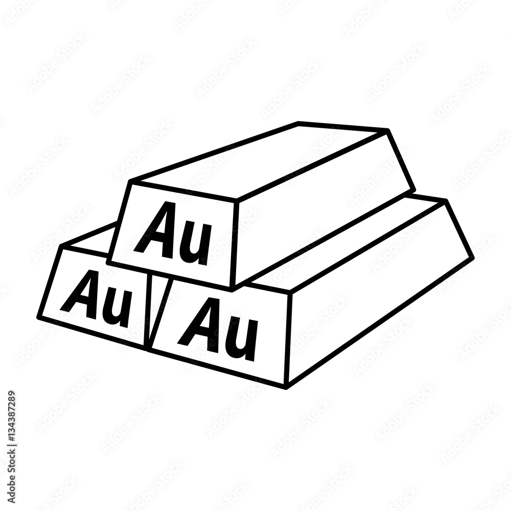 Gold bullions icon. Pile of three gold ingots with Au signs. Vector
