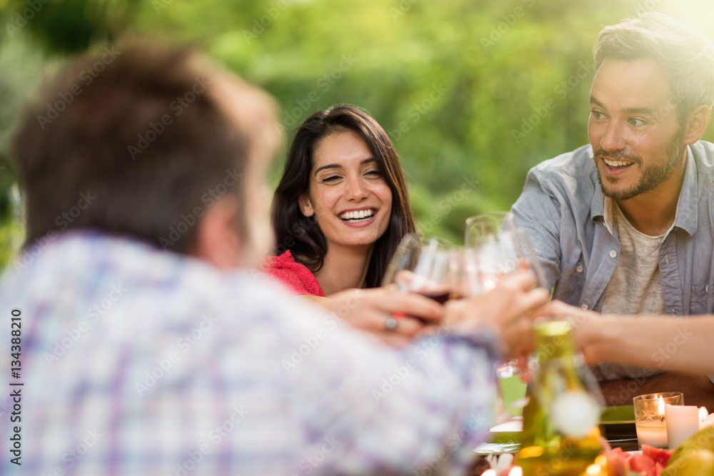 Group of friends toasting during a party on a terrace in summer Group of friends toasting during a party on a terrace in summer