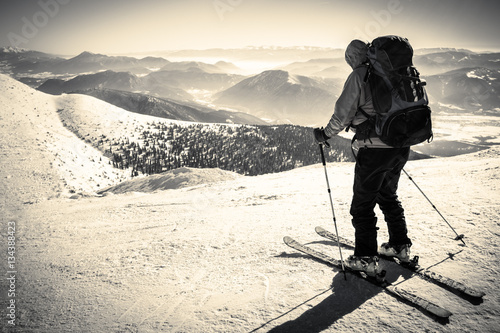Skialpinist on snowy mountain, Symbol Sporting Activities, Man Alone In Alps, skialpinist Background, Symbol Winter Sports