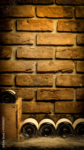 Rząd butelek wina w piwnicy na tle ściany z cegły i drewniana skrzynka.
