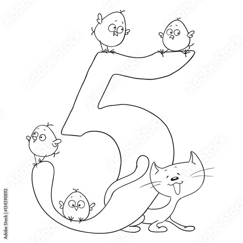 Number five. Cute cartoon animals. Numbers and animals. Chicken and kitten. Funny figurines to paint. Vector doodle