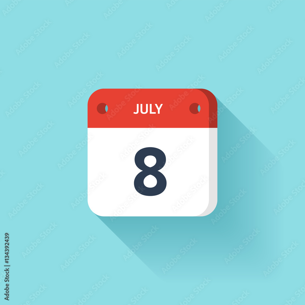 July 8. Isometric Calendar Icon With Shadow.Vector Illustration,Flat Style.Month and Date.Sunday,Monday,Tuesday,Wednesday,Thursday,Friday,Saturday.Week,Weekend,Red Letter Day. Holidays 2017.