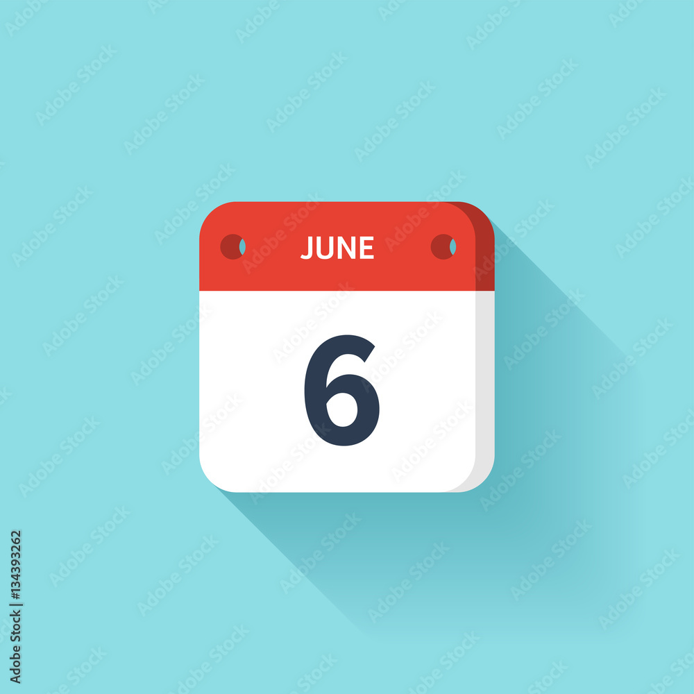 June 6. Isometric Calendar Icon With Shadow.Vector Illustration,Flat Style.Month and Date.Sunday,Monday,Tuesday,Wednesday,Thursday,Friday,Saturday.Week,Weekend,Red Letter Day. Holidays 2017.