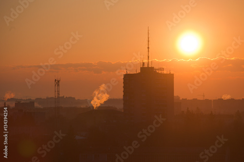 summer dawn and view skyscrapers of Moscow City and Stalinist high-rise buildings
