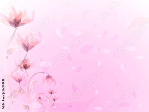 Abstract background with pink flowers, pink flower petals flying in the wind, vector illustration