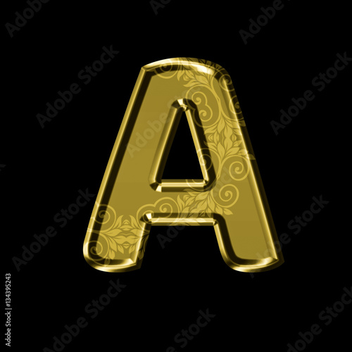 Golden letter A with floral ornament.Isolated on black.