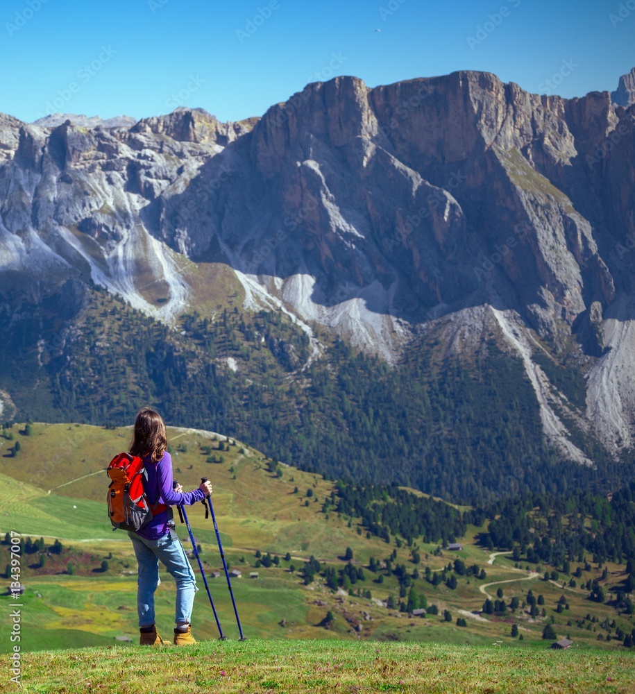 tourist girl at the Dolomites