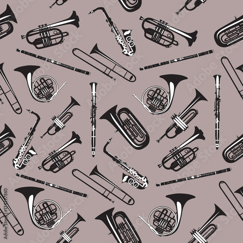 Vector seamless pattern with wind musical instruments.