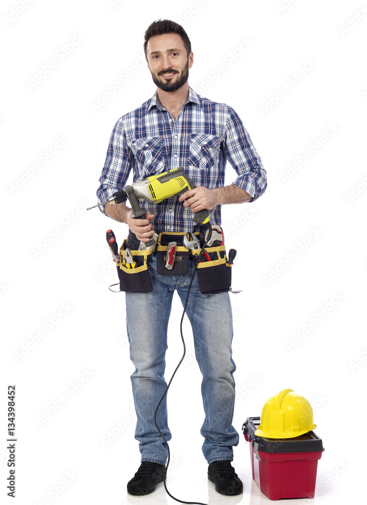 Carpenter with power drill and toolbox Carpenter with power drill and toolbox