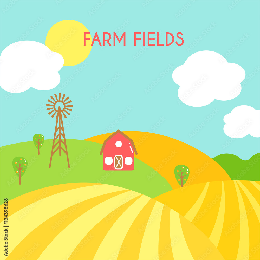 Naklejka premium Farm fields landscape. Cartoon green field of sowing.