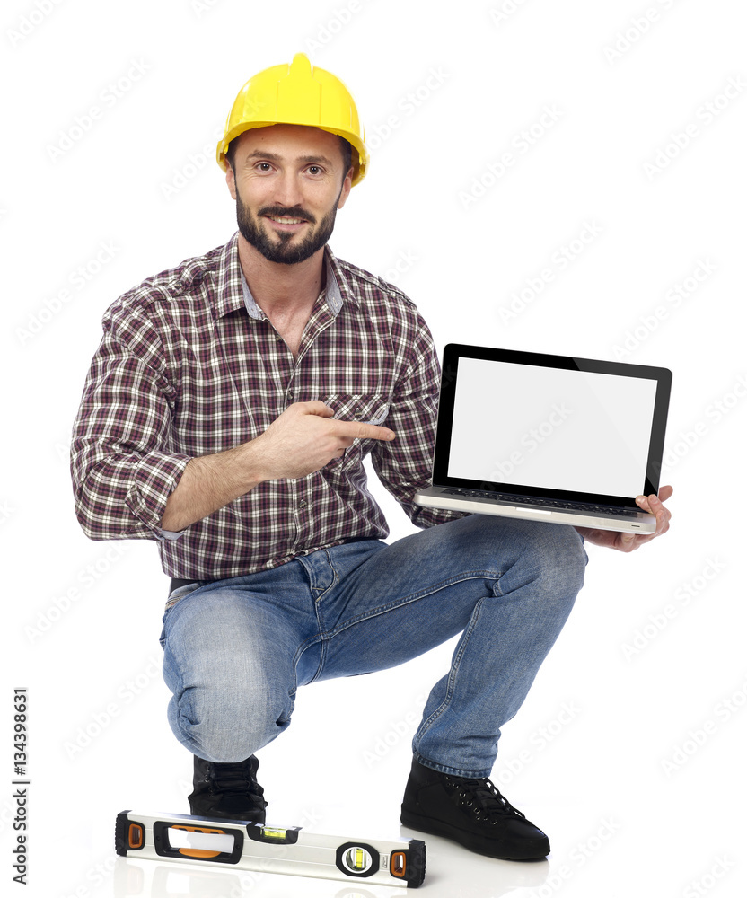 Carpenter showing laptop Carpenter showing laptop