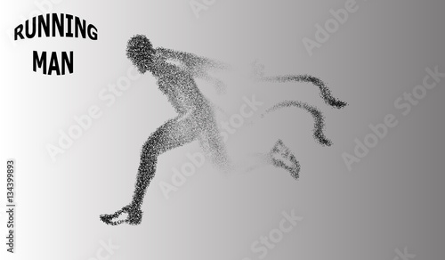 Runner of the particles. The man runs and the wind out of him pulling out pieces in the shape of a circle. Vector illustration.