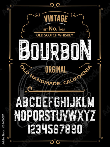 Typeface. Label. Bourbon typeface, labels and different type designs