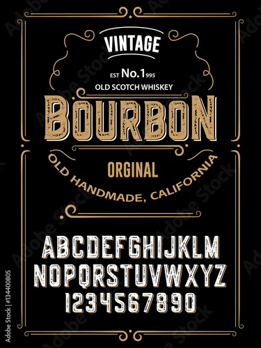 Typeface. Label. Bourbon typeface, labels and different type designs