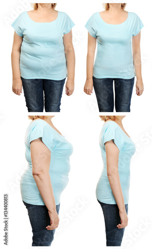 Mature woman's body before and after weightloss on white background. Health care and diet concept.