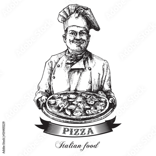Smiling Italian chef with a pizza in hand.Vector art illustration
