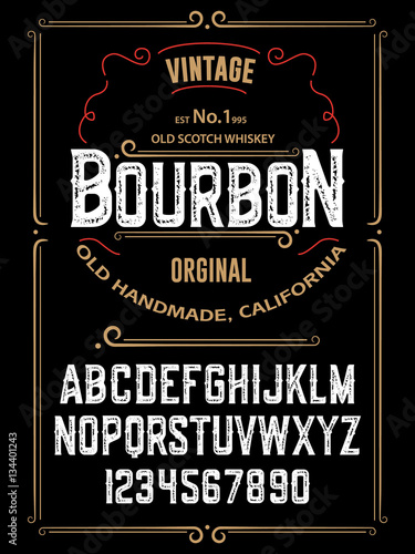 Bourbon typeface, labels and different type designs
