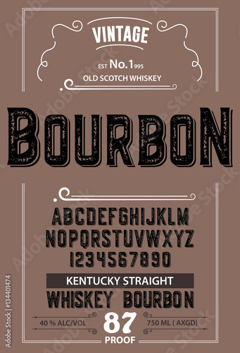 Typeface. Label. Bourbon typeface, labels and different type designs