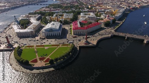 Spit of Vasilyevsky island with Rostral columns and old stock Exchange. Aerial view at summer. The Neva river, St. Petersburg, Russia
 photo