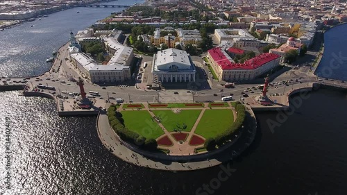 Panorama of the spit of Vasilyevsky island with Rostral columns and old stock Exchange. Aerial view. The Neva river, St. Petersburg, Russia
 photo