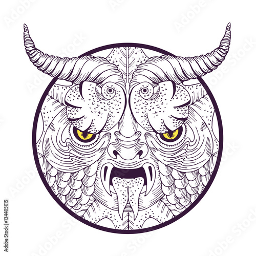 Scary face mask - vector hand drawn illustration. Looking dangerous and mystery abstract animal mask, carnival or Halloween decoration in black and white