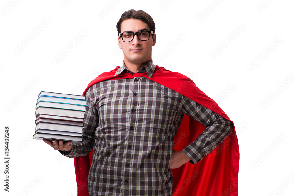 Fototapeta premium Super hero student with books isolated on white