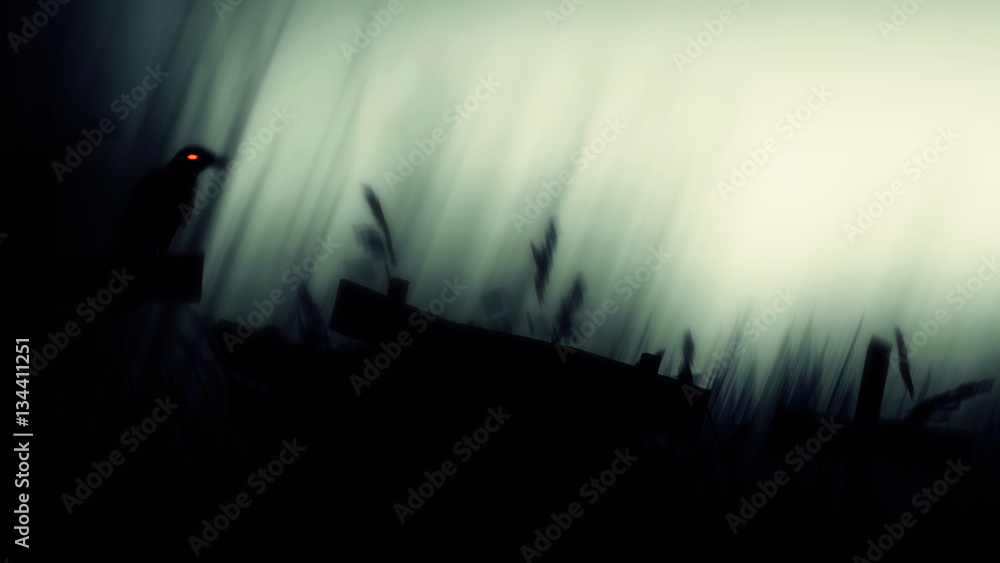 Crow sitting on a gravestone silhouette abstract background./Horror Movie Scene Posters background./	