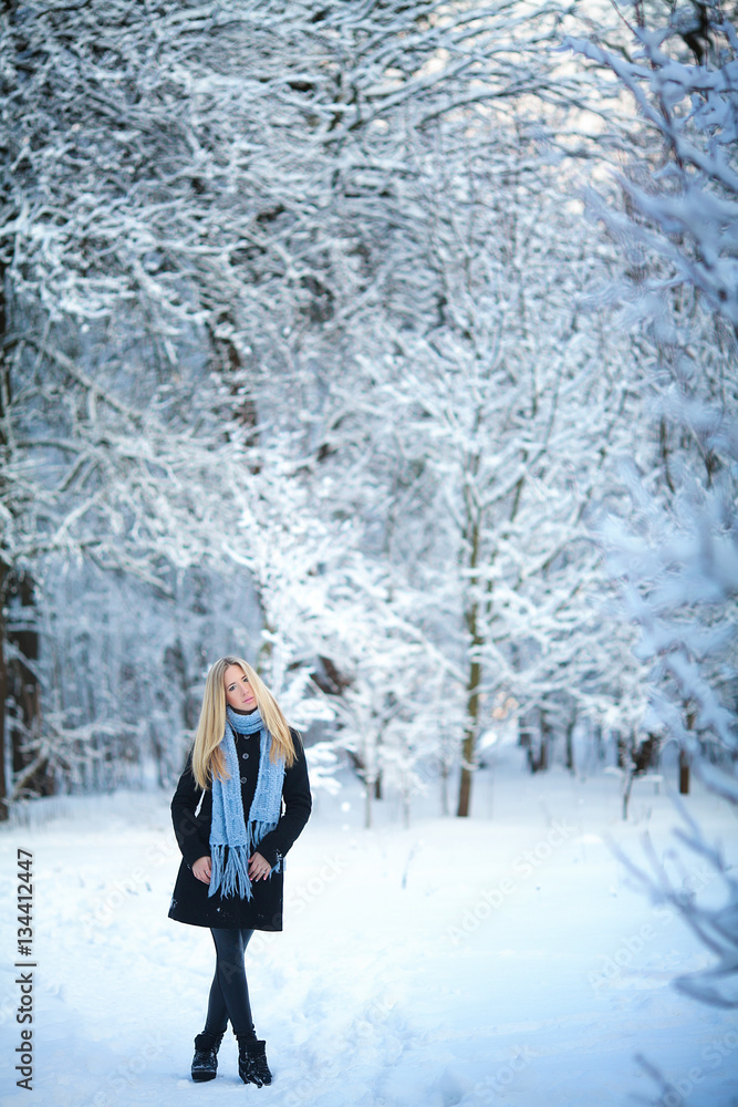 Beautiful young girl smiling and walking in the street. Beautiful snowy cold winter. Holiday mood. Beautiful young girl smiling and walking in the street. Beautiful snowy cold winter. Holiday mood.