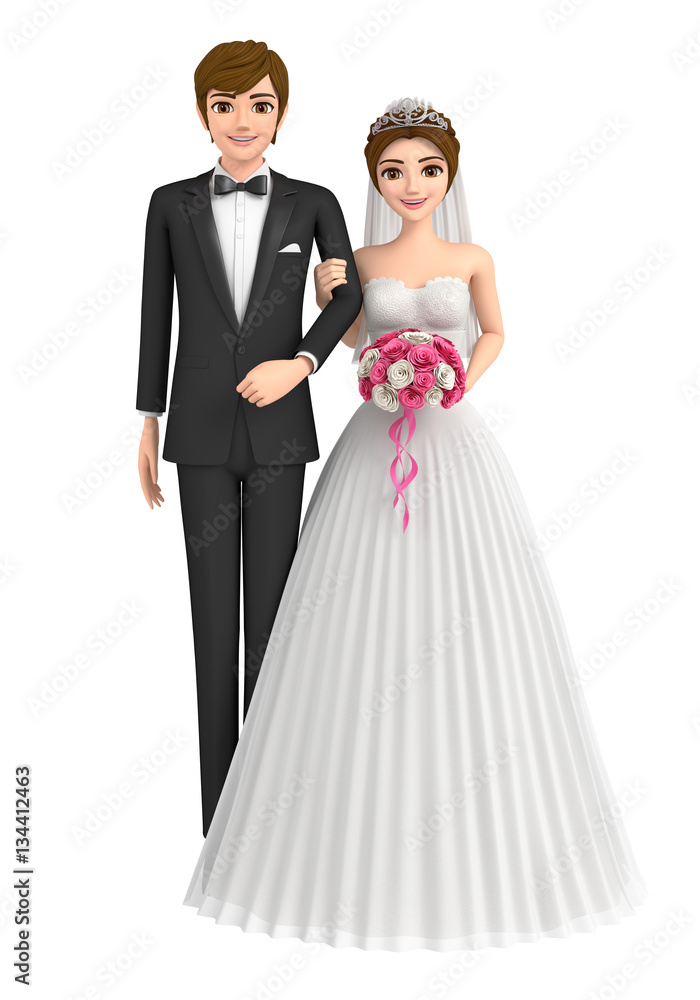 3D illustration character - The happy young couple who gets married.