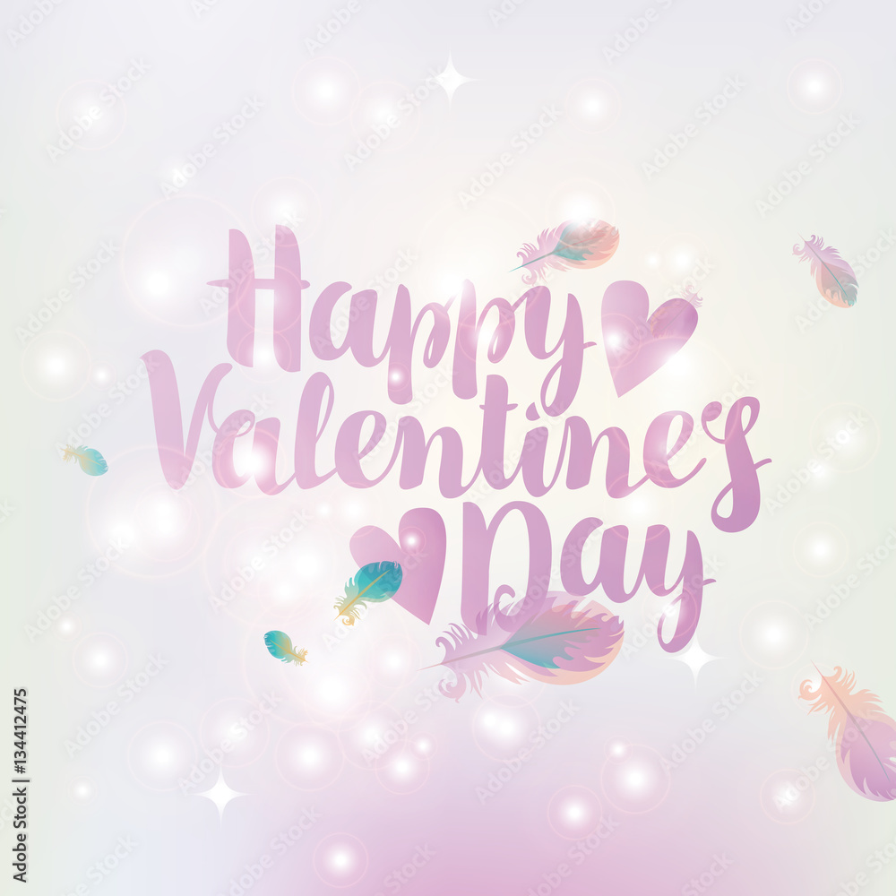 vector greeting card with inscription happy valentines day with hearts on the background of feathers and stars