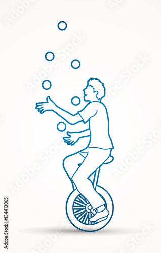 A man juggling balls while cycling outline graphic vector.