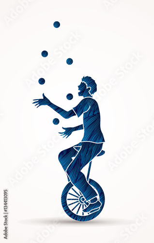 A man juggling balls while cycling designed using blue grunge brush graphic vector.