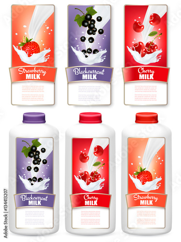 Set of three labels of berries in milk splashes and bottles with