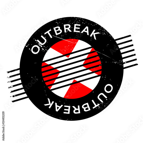 Outbreak rubber stamp. Grunge design with dust scratches. Effects can be easily removed for a clean, crisp look. Color is easily changed.