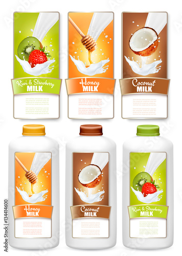 Set of three labels of  fruit in milk splashes and bottles with tags. Kiwi, strawberry, honey, coconut. Vector.