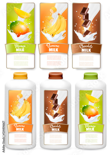 Set of three labels of  fruit in milk splashes and bottles with