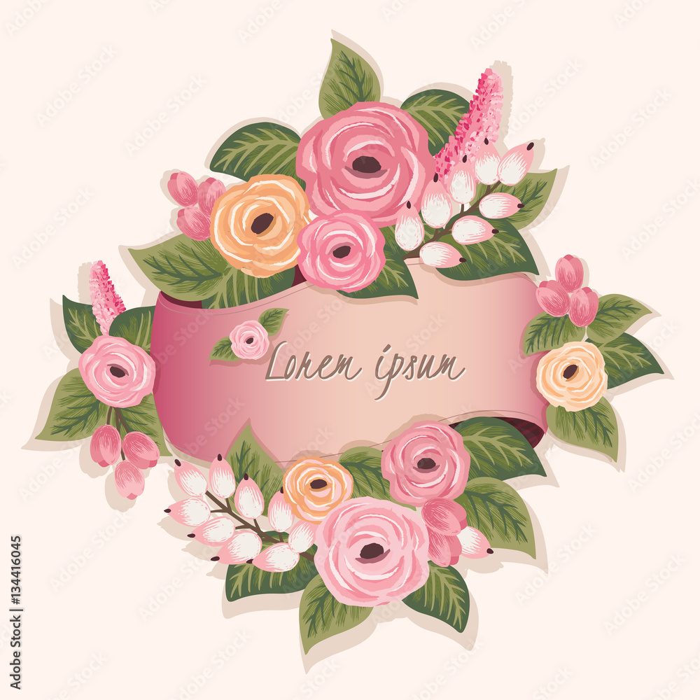 Vector illustration of a beautiful floral frame with a ribbon. Beige background