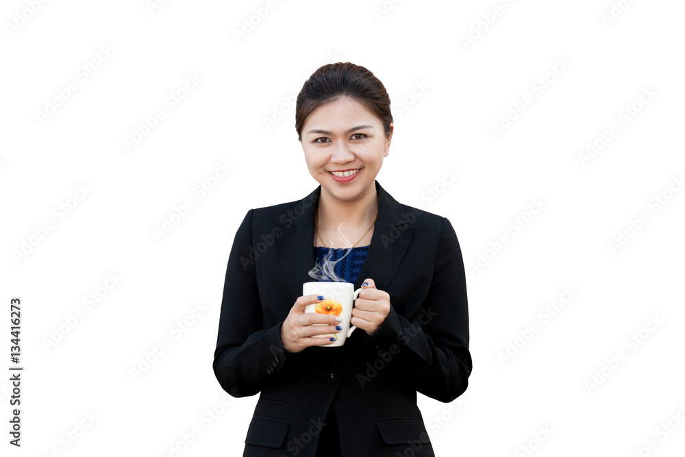 Business woman holding coffee cup in isolated on white Business woman holding coffee cup in isolated on white