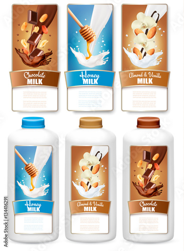 Set of three labels of chocolate and vanilla milk splashes and b