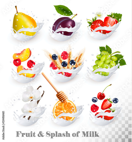 Big collection of fruit in a milk splash. Raspberry, strawberry,
