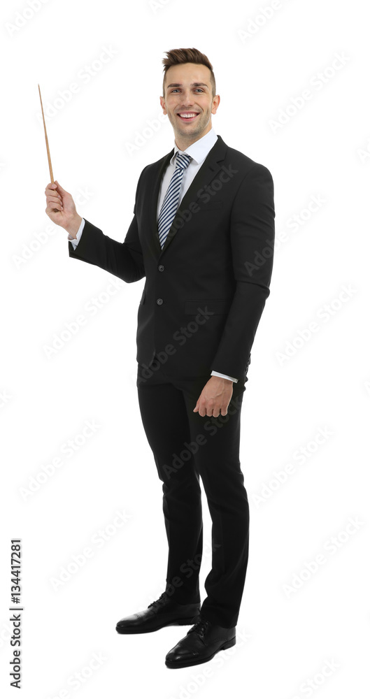 Young male teacher with pointer on white background Young male teacher with pointer on white background