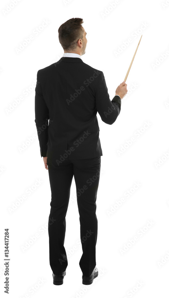 Young male teacher with pointer on white background Young male teacher with pointer on white background