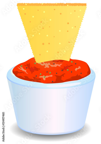 Salsa Mexican sauce with nacho chip on top vector image