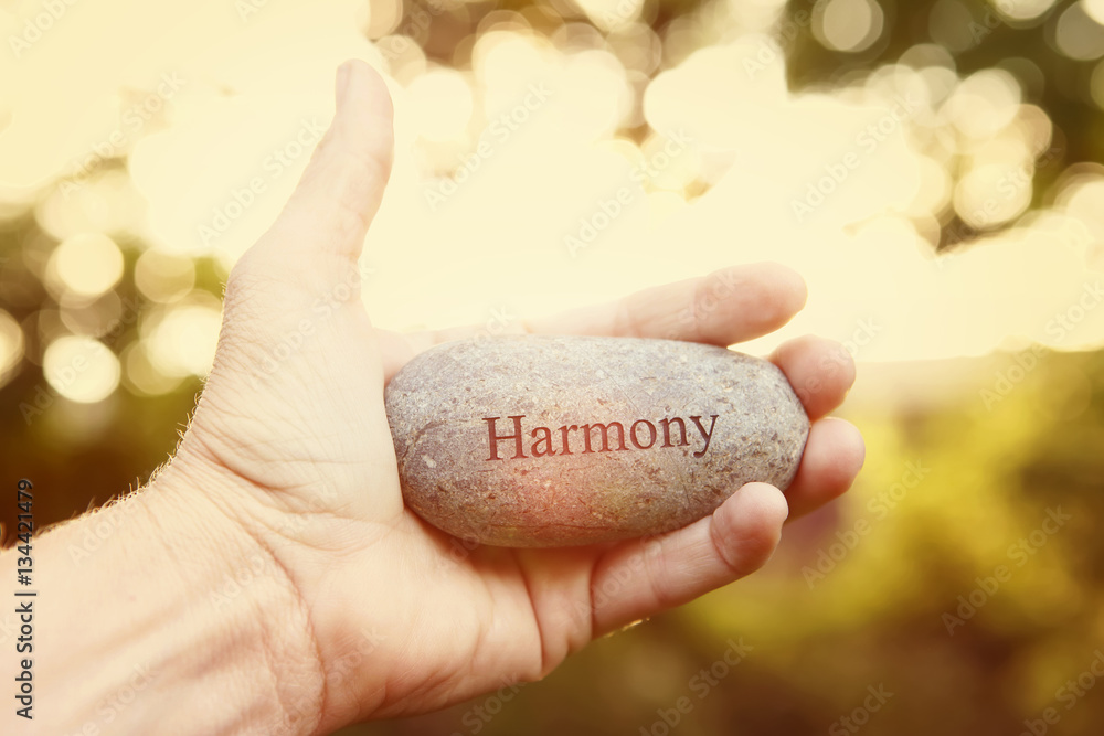 Hand holding a stone with the word Harmony. Instagram Effect. Hand holding a stone with the word Harmony. Instagram Effect.