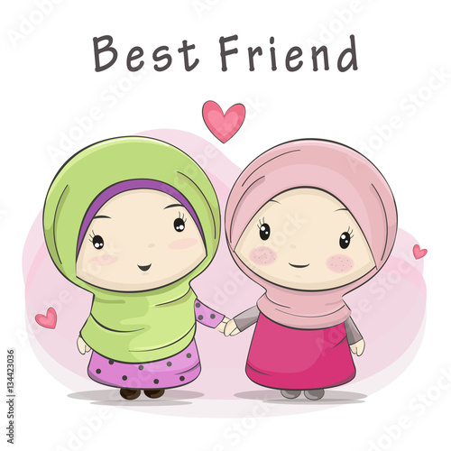 Best Friend of Two Cute Muslim Girls Cartoon.Vector Illustration. 